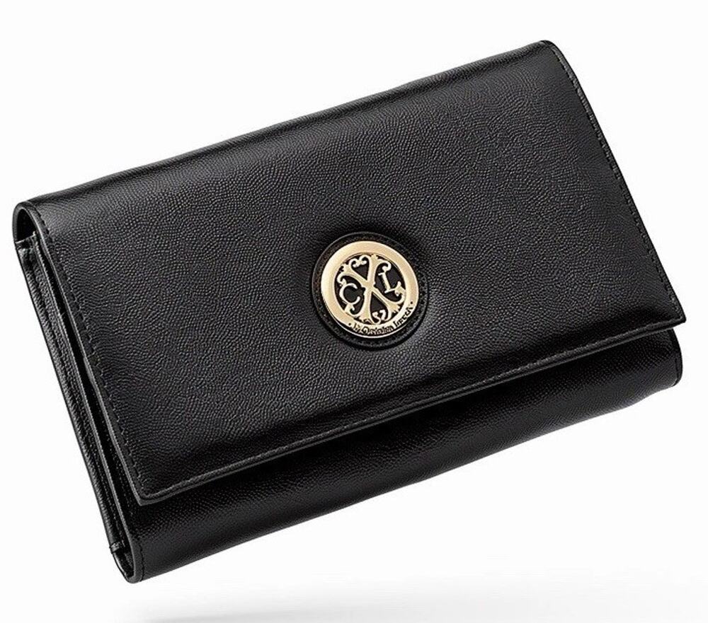 Christian Lacroix Black Faux Leather Clutch Wallet Gold Medallion NEW